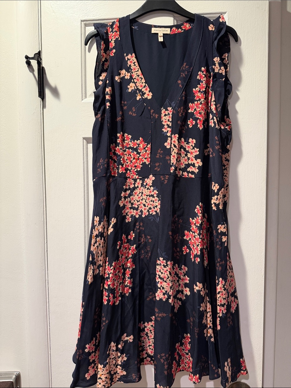 Rebecca Taylor Navy Midi Dress with Pink and Coral Floral Print